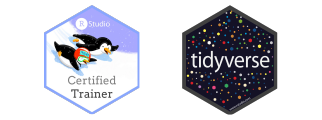 Two hexagon badges, one for RStudio Certified Trainer and one for tidyverse.