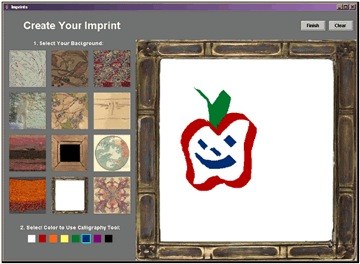 A Java drawing program with a grid of background images on the left and a drawing canvas on the right. An apple with a smiley face has been drawn inside a picture frame.