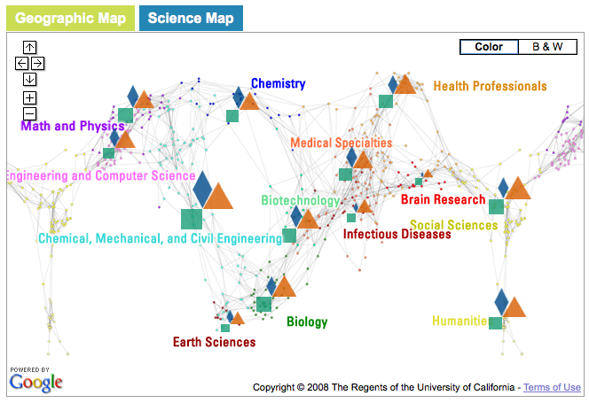 A map of science overlaid with icons representing funding, publication, and patent data.